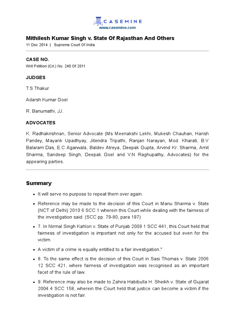 CaseMine Judgement Mithilesh Kumar PDF Right To A Fair Trial