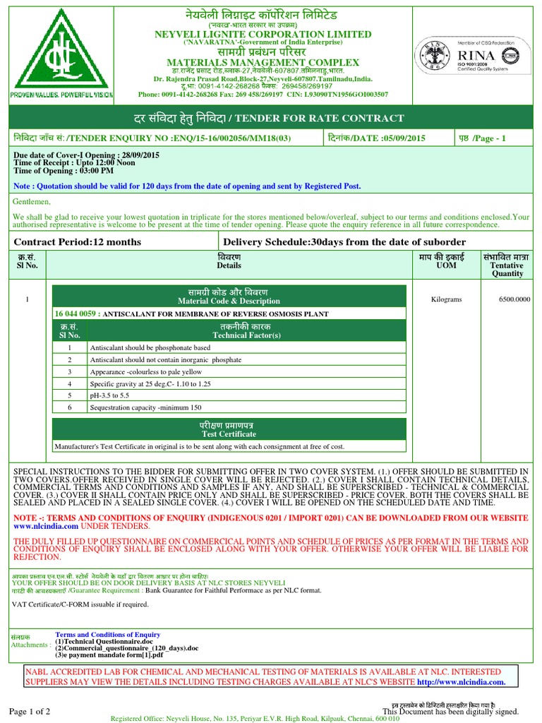 Tender For Rate Contract: /TENDER ENQUIRY NO:ENQ/15-16/002056/MM18 (03 ...