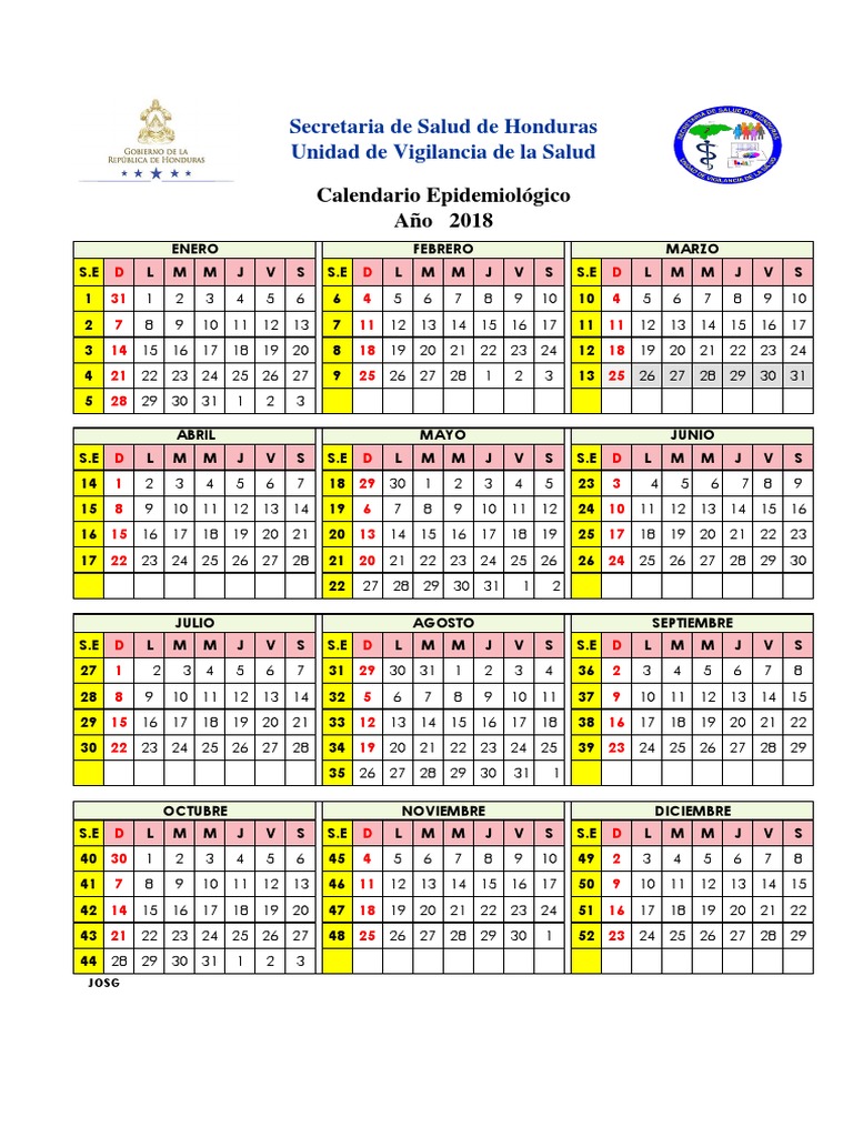 CALENDARIO EPIDEMIOLOGICO 2018