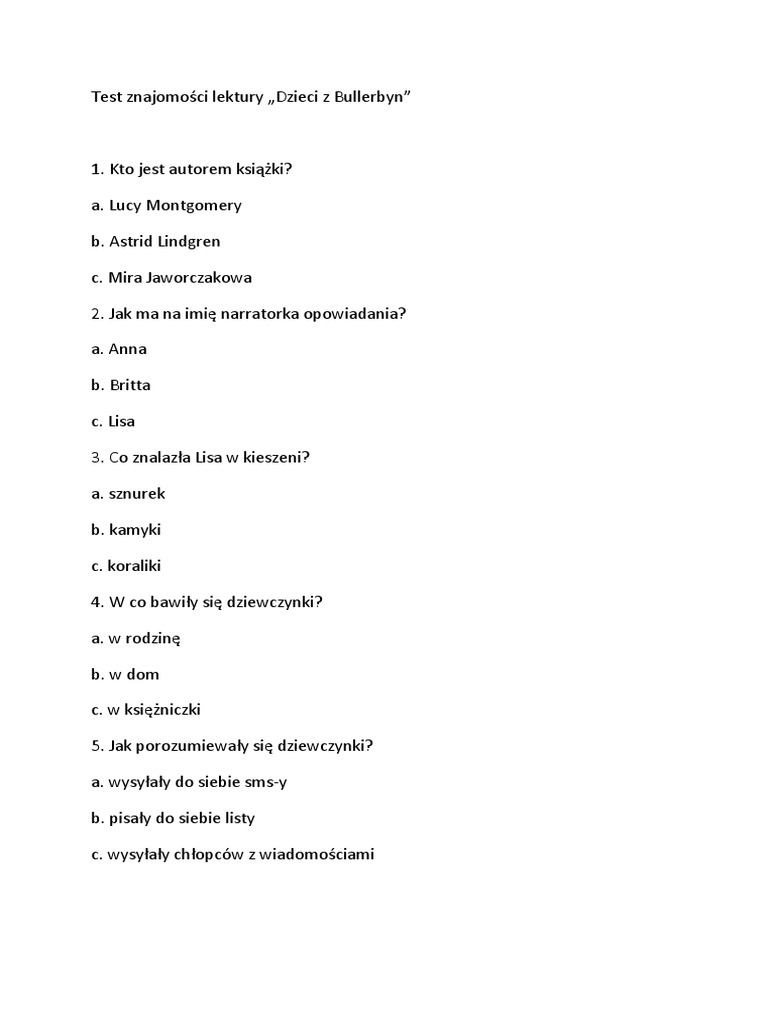 Test Znajomości Lektury Dzieci Z Bullerbyn Rozdział