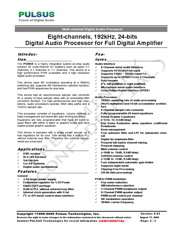 EightChannels, 192Khz, 24Bits Digital Audio Processor For Full