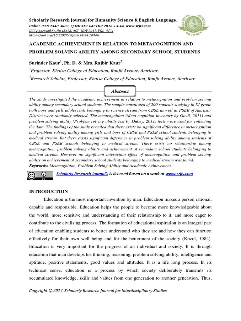 Academic Achievement in Relation To Metacognition and Problem Solving ...