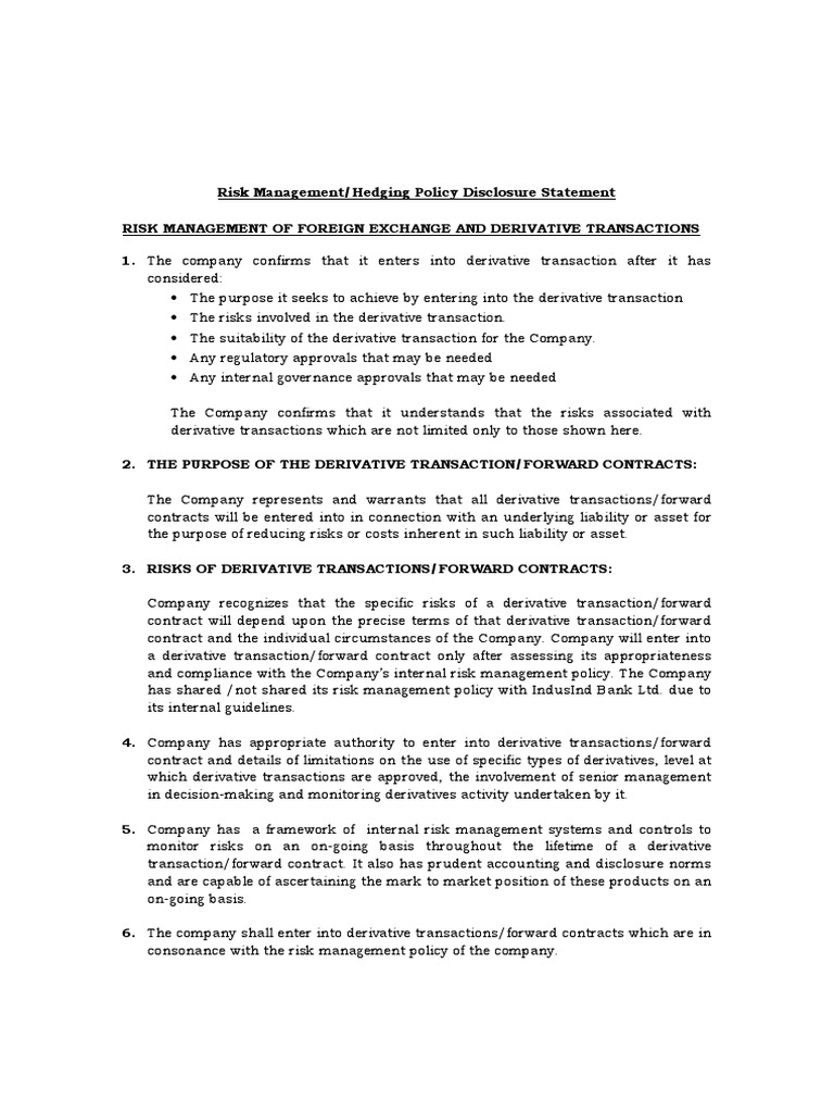 Risk Managementhedging Policy Disclosure Statement Pdf Derivative - 