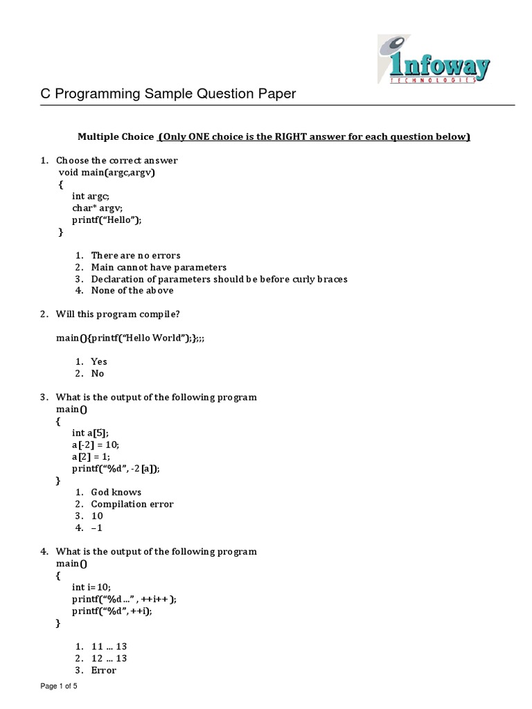 C Programming Sample Question Paper: Multiple Choice (Only ONE Choice ...