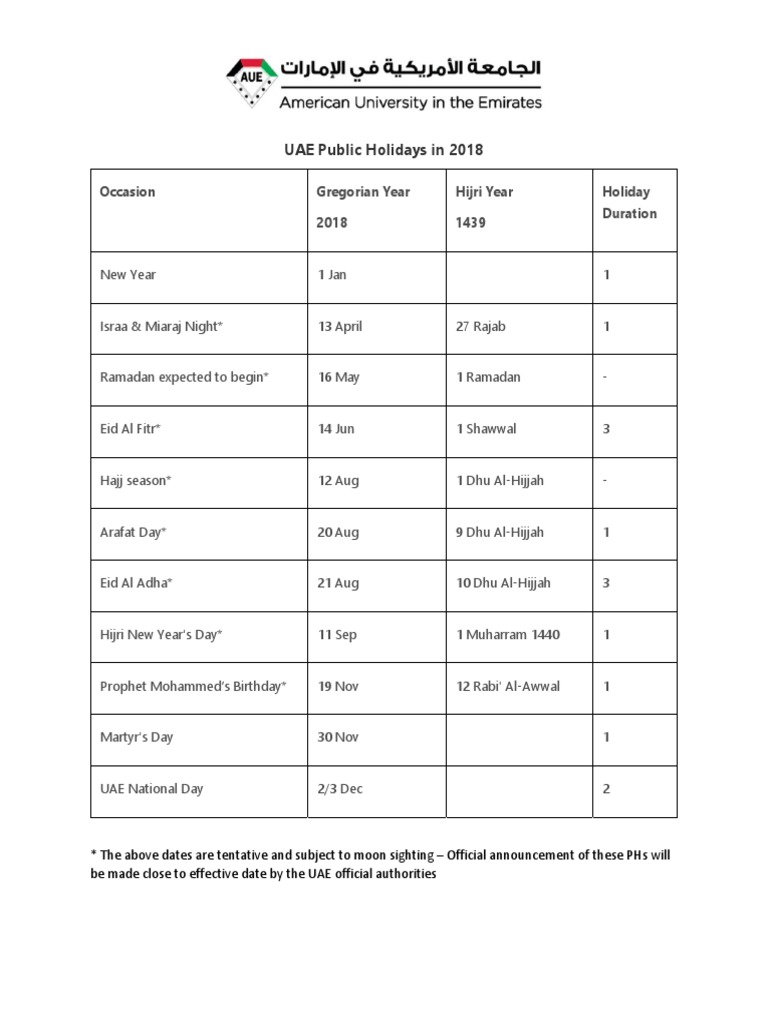 UAE Public Holidays PDF