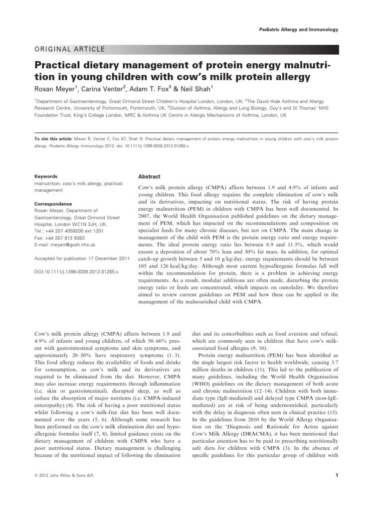 Practical Dietary Management of Protein Energy Malnutrition in Young