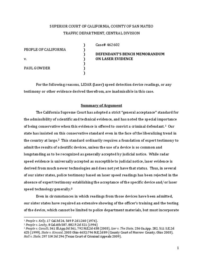 Bench Memo On Laser Evidence Daubert Standard Admissible Evidence