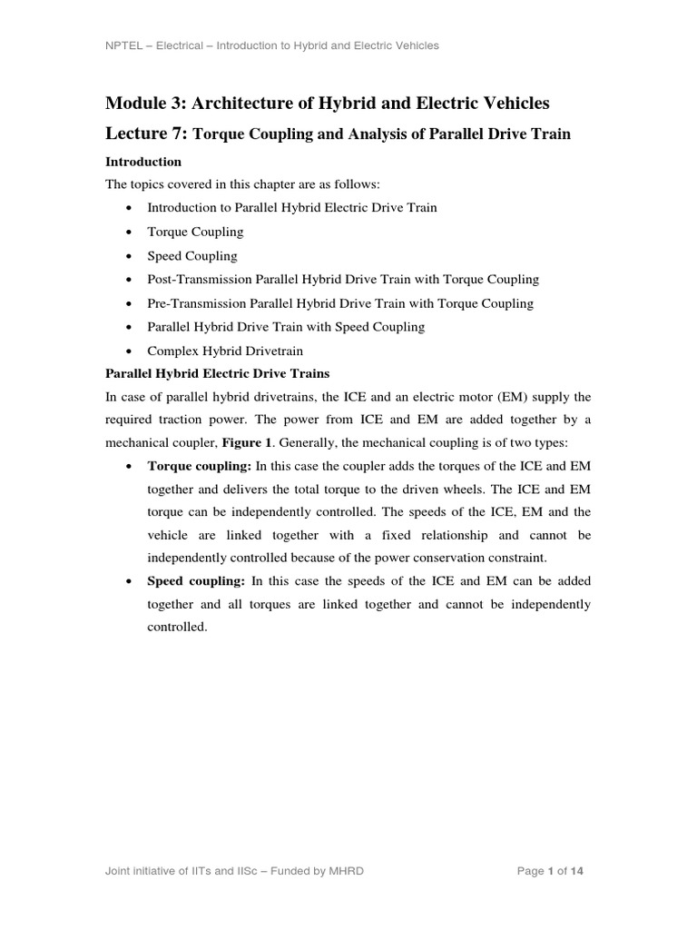 Module 3 Architecture of Hybrid and Electric Vehicles Torque Coupling and Analysis of Parallel