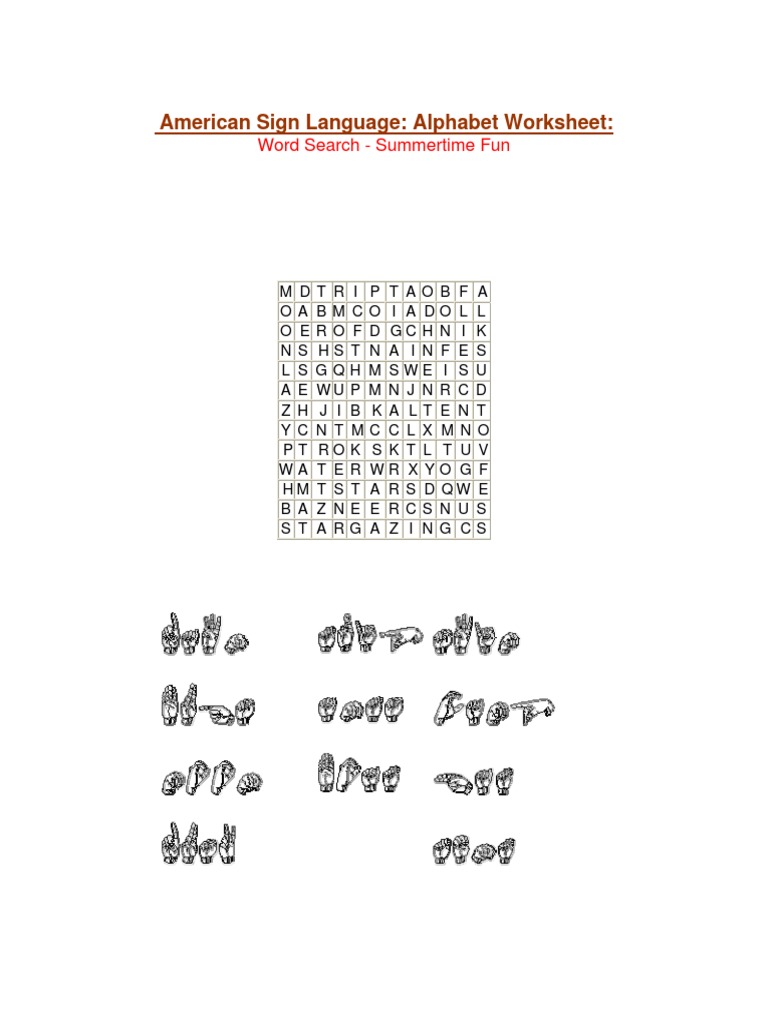 American Sign Language: Alphabet Worksheet:: Word Search - Summertime ...