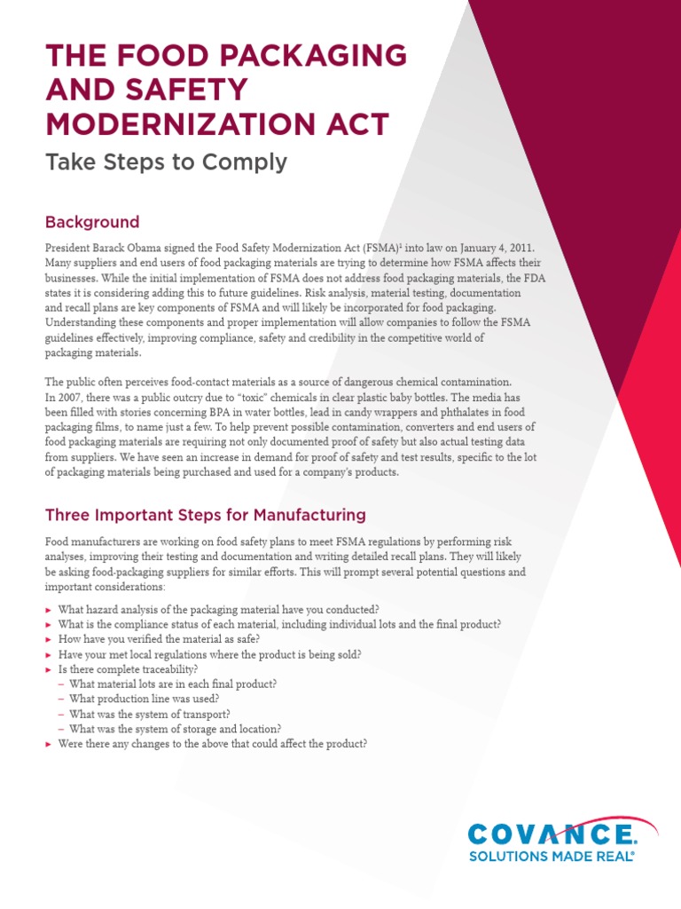 Food Packaging Safety Modernization Act WPNCFS018 Packaging And