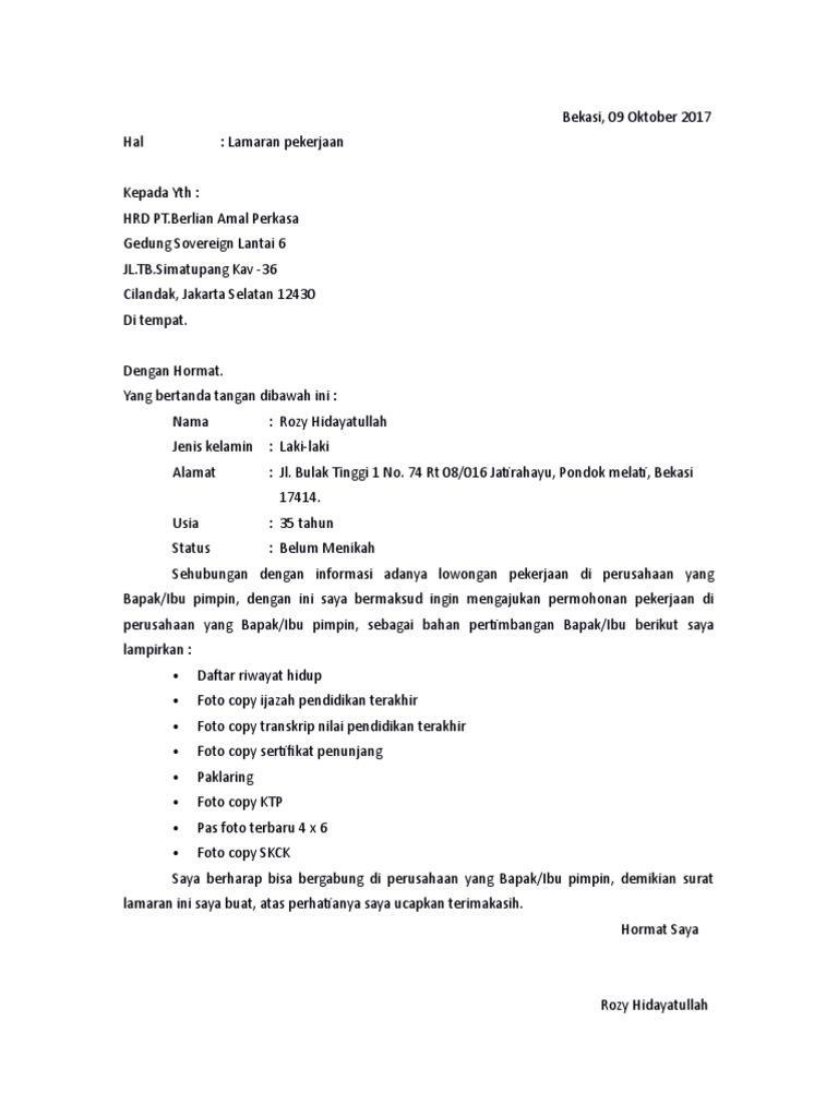 Contoh Surat Lamaran Kerja