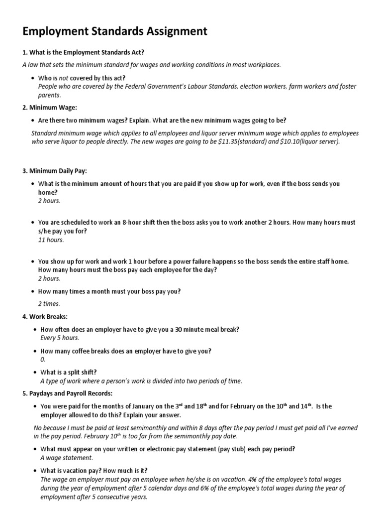 Employment Standards Assignment Wage Employment