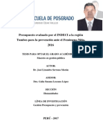 Presupuesto evaluado por el INDECI a la región Tumbes para la prevención ante el Fenómeno Niño, 2016 - Br. José Lizandro Serrano Morán