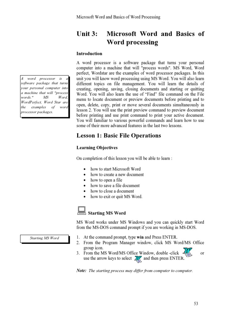 Unit 3: Microsoft Word and Basics of Word Processing: Lesson 1: Basic ...