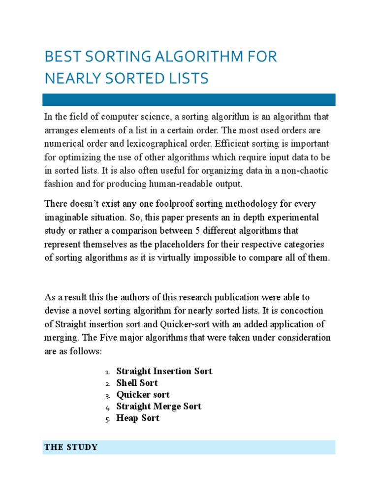Best Sorting Algorithm For Nearly Sorted Lists | PDF | Algorithms ...