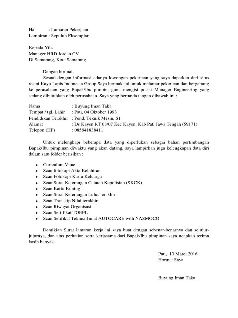 Surat Lamaran Pekerjaan Jordan Cv