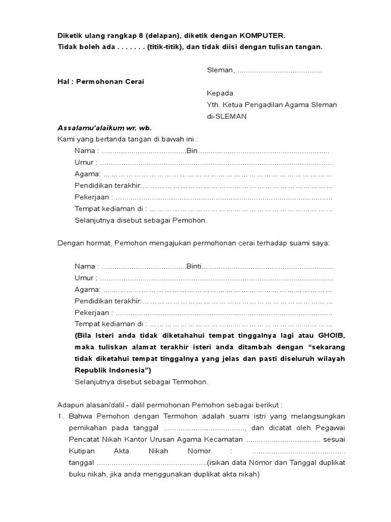 Format Contoh Surat Permohonan Cerai Talak Suami Yang Mengajukan Permohonan Cerai