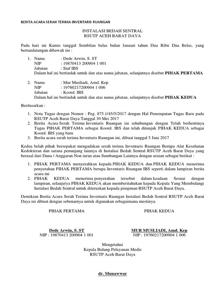 Berita Acara Serah Terima Inventaris Ruangan