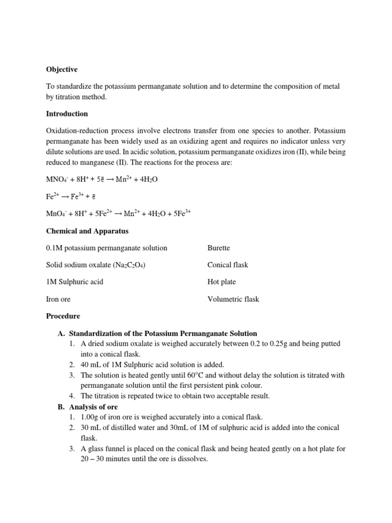 Experiment 7 Redox Titration PDF Titration Chemistry