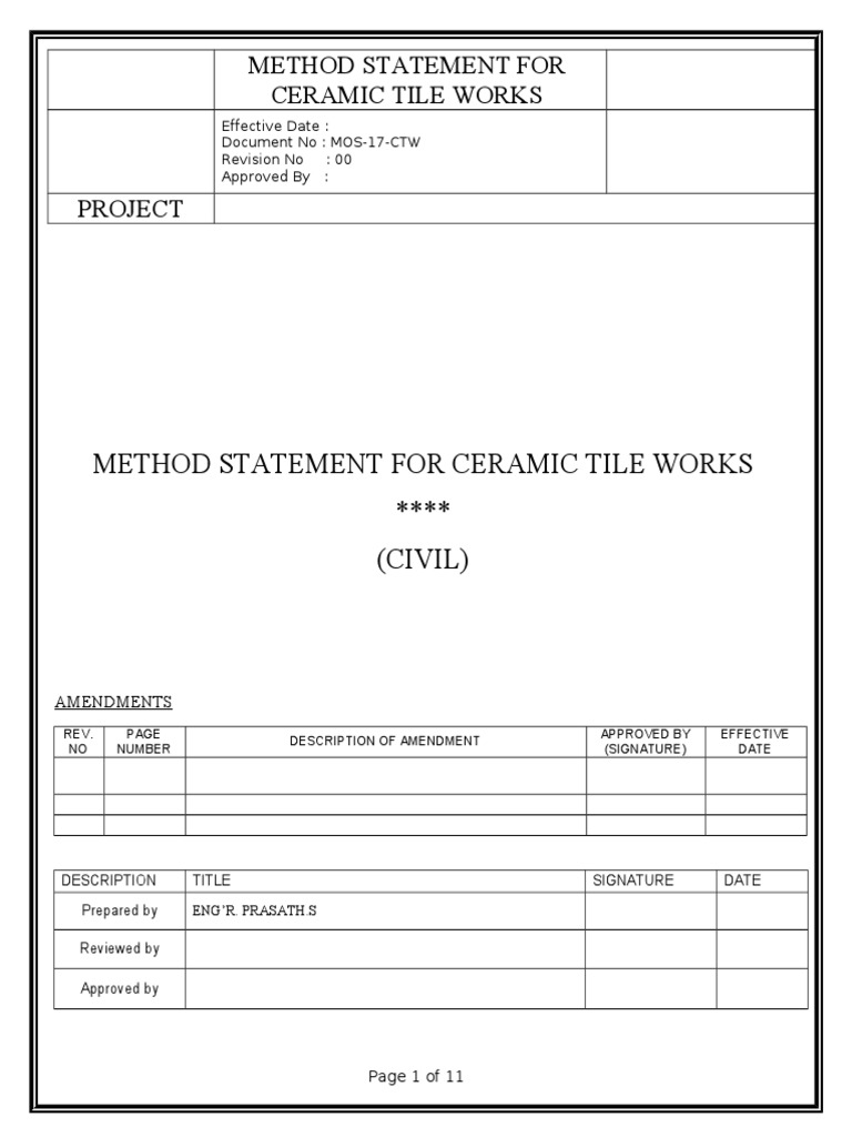 Method Statement For Ceramic Tile Works | PDF | Personal Protective ...