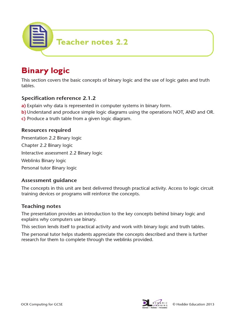 Teacher Notes 2.2: Binary Logic | PDF