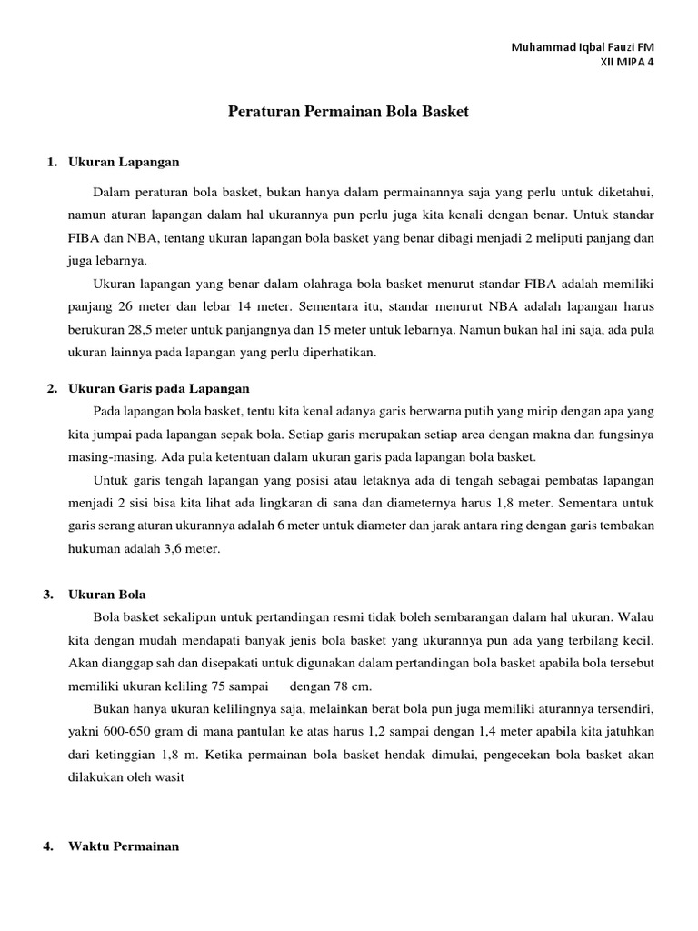 Peraturan Permainan Bola Basket