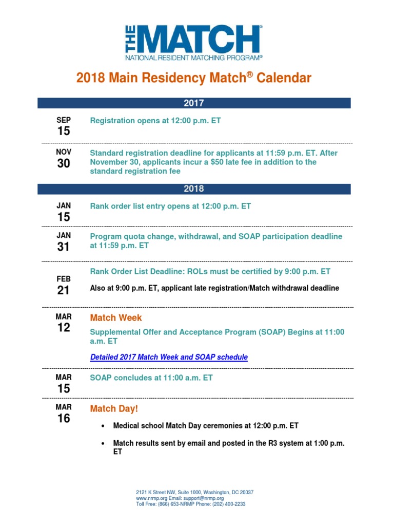 Main Residency Match Calendar