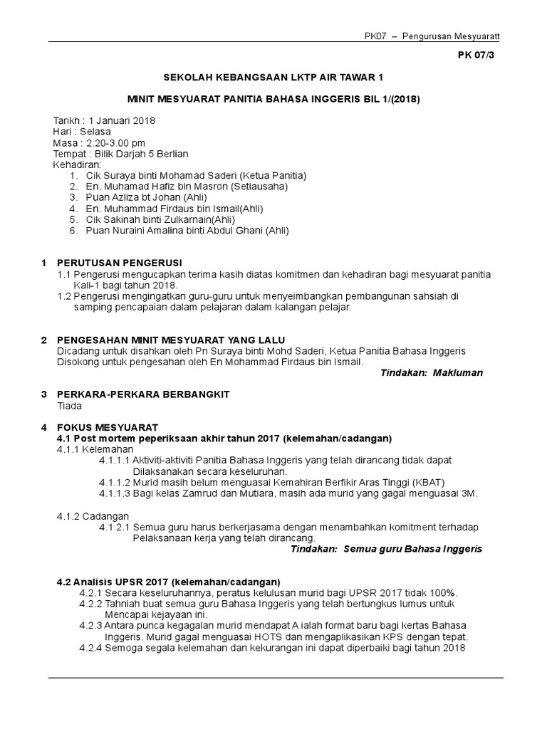 Kertas Minit Mesyuarat In English