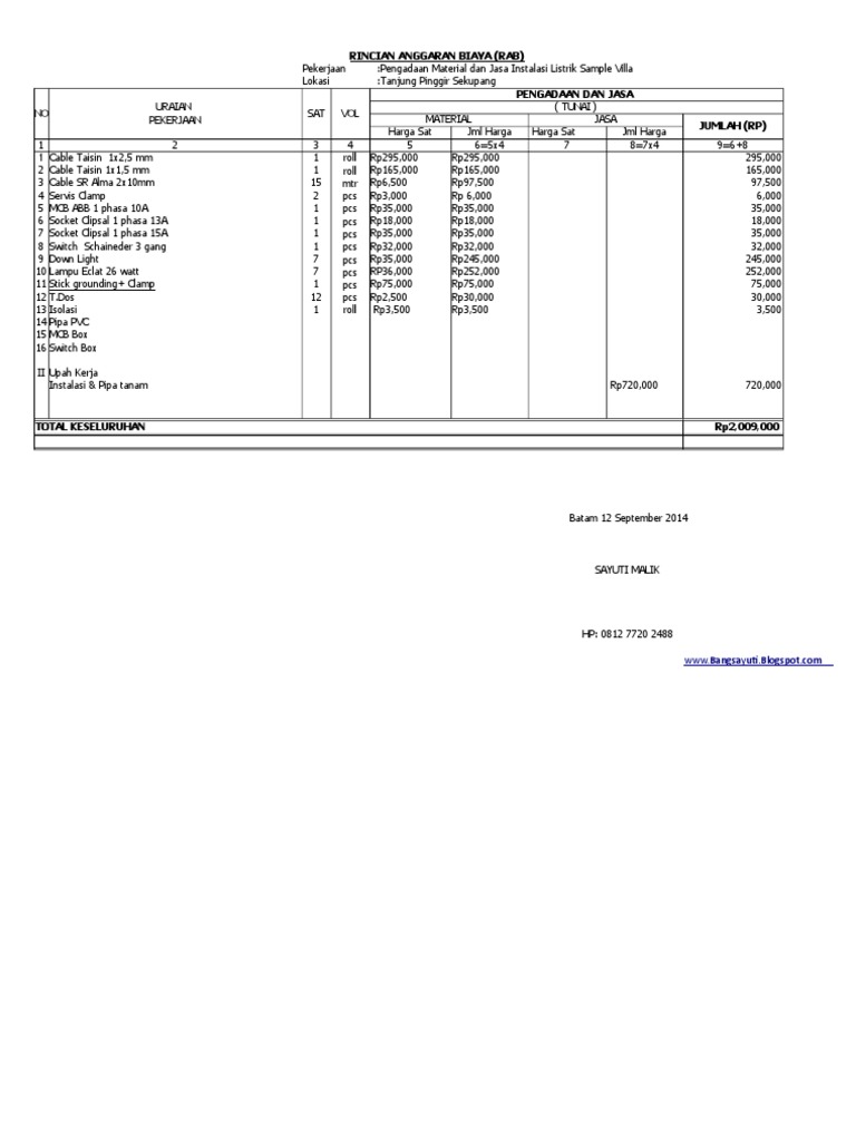 Contoh RAB Instalasi Listrik 1 Contoh RAB Instalasi Listrik 1