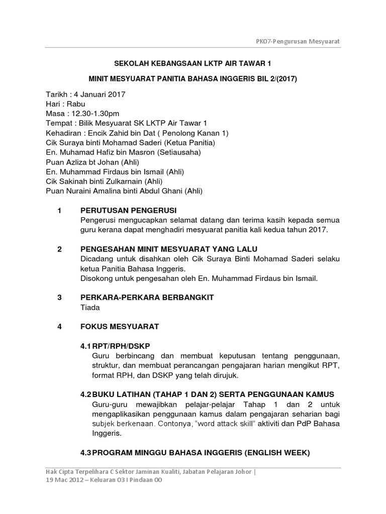 Minit Mesyuarat Panitia Bahasa Inggeris Pdf
