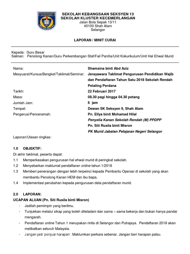 Minit Curai Taklimat Pendaftaran Tahun 1  PDF