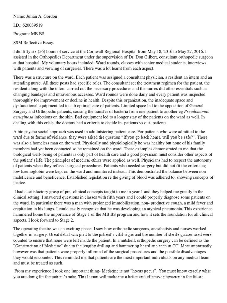 A Reflective Essay on My Service Learning Experience in the Orthopedics