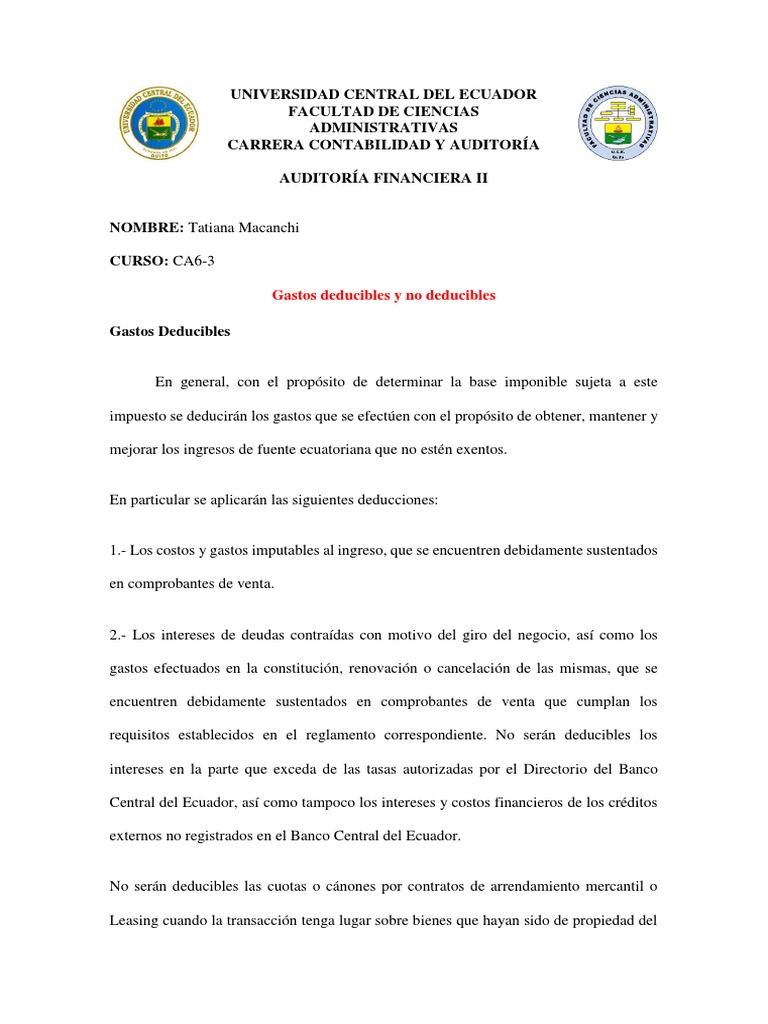 Gastos Deducibles y No Deducibles en Ecuador | PDF | Impuesto sobre la ...