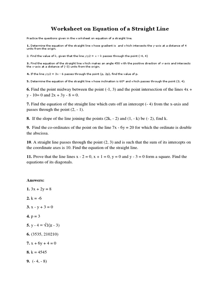 Worksheet On Equation of A Straight Line | PDF