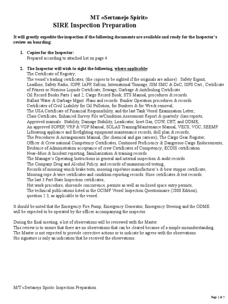Sertanejo Spirit SIRE Inspection Guide | PDF | Oil Tanker | Ships