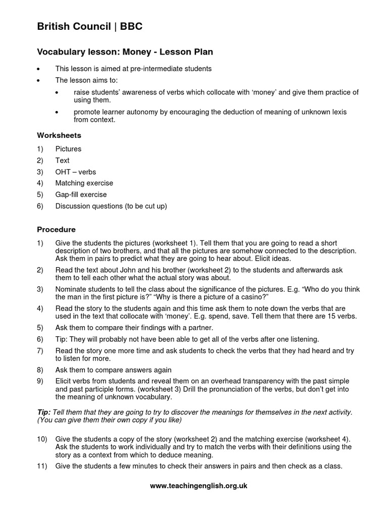 British Council - BBC: Vocabulary Lesson: Money - Lesson Plan | PDF ...