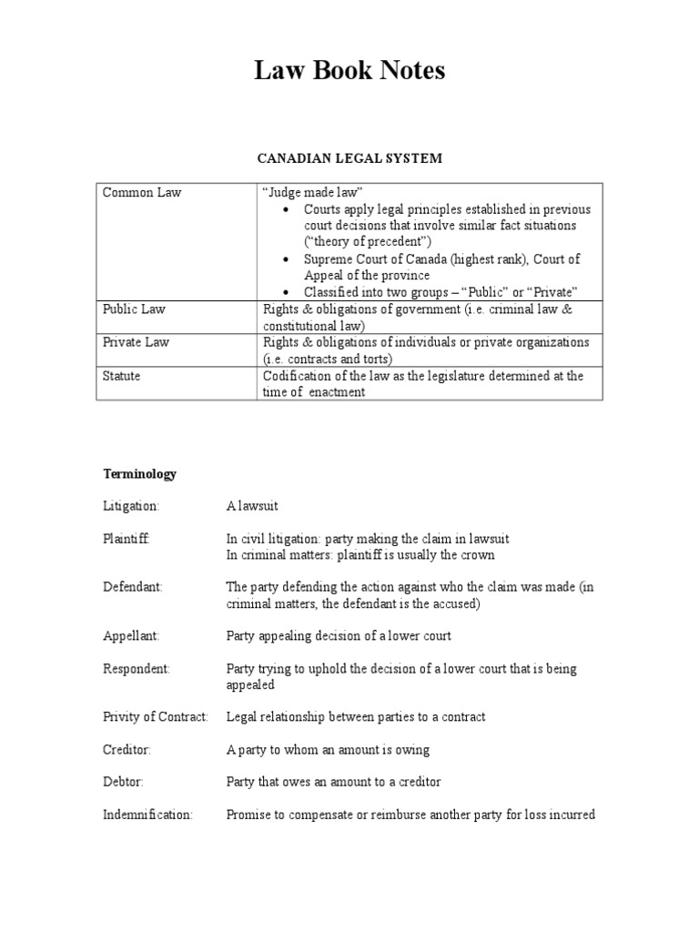 Law Book Notes: Canadian Legal System | PDF | Tort | Trade Secret