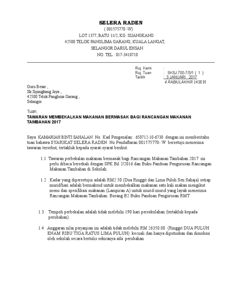 Surat Jawapan Membekalkan Makanan Rmt Pdf