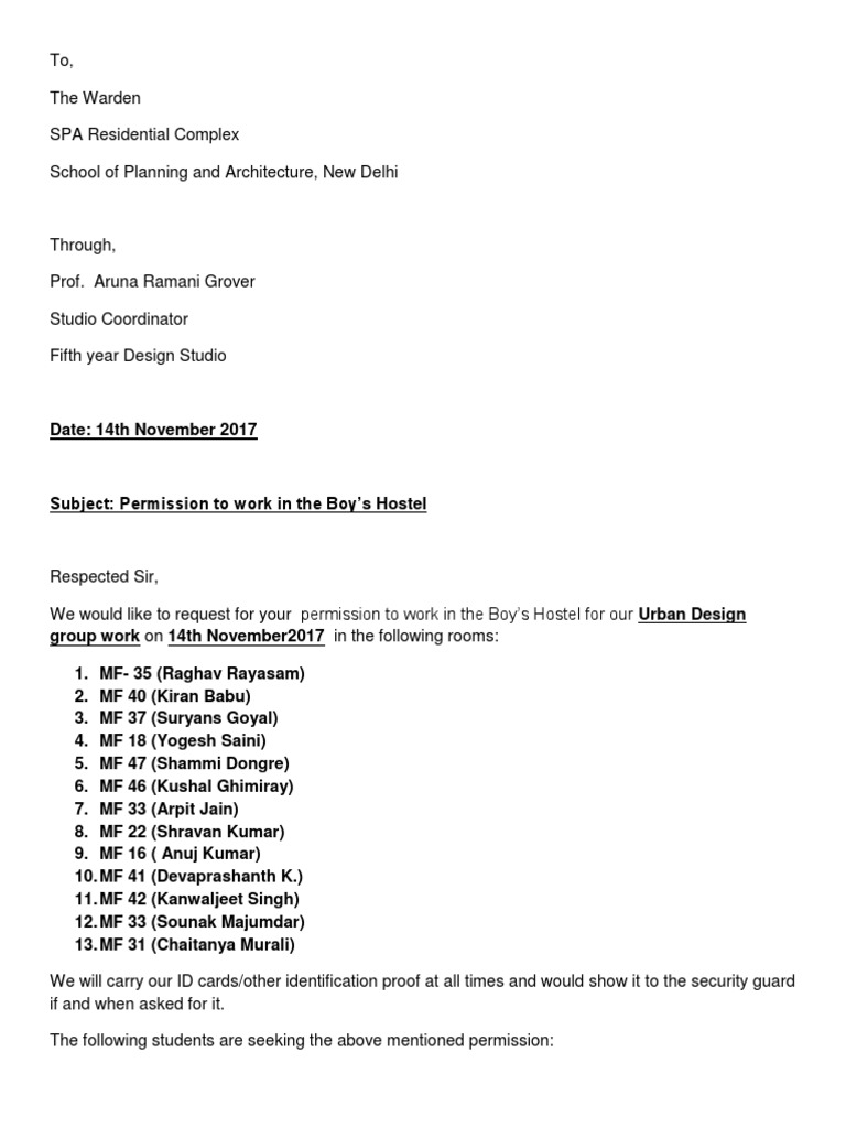 Hostel Permission Letter PDF