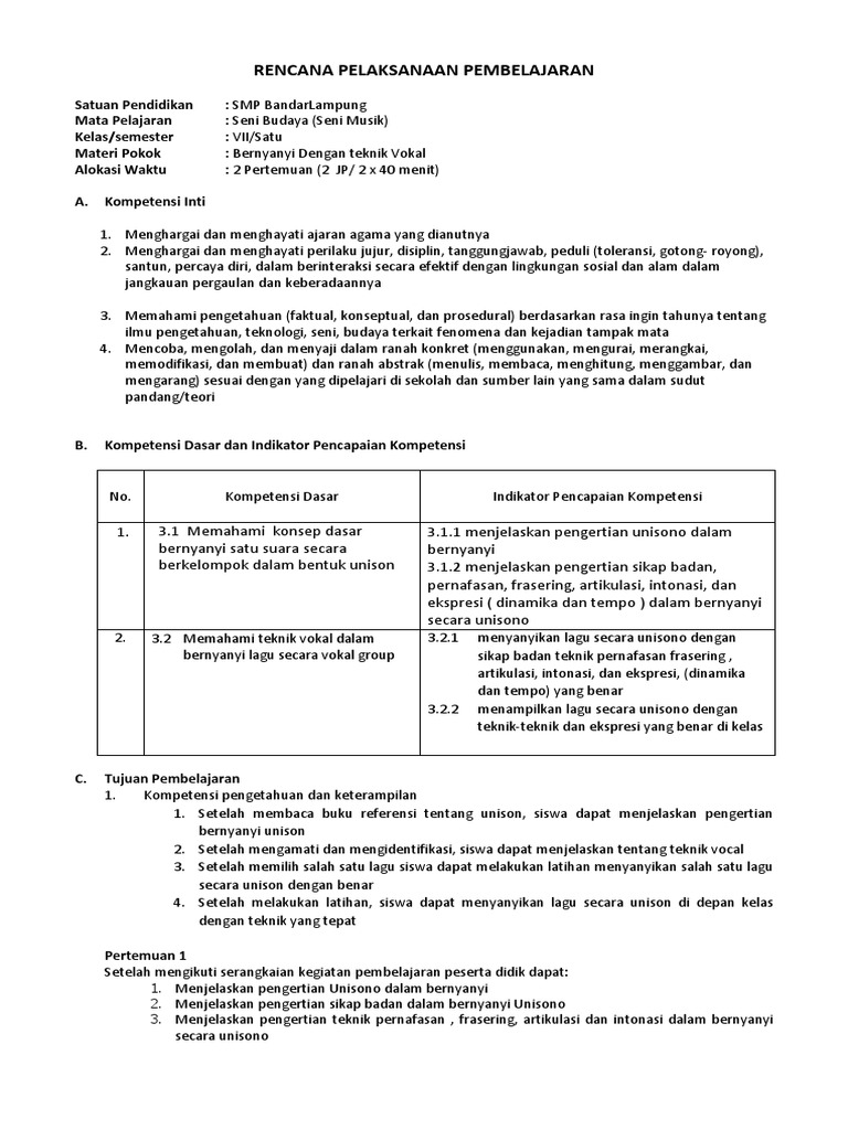 3 Rpp Seni Musik Kls 7 Bernyanyi Dengan Teknik Vokal