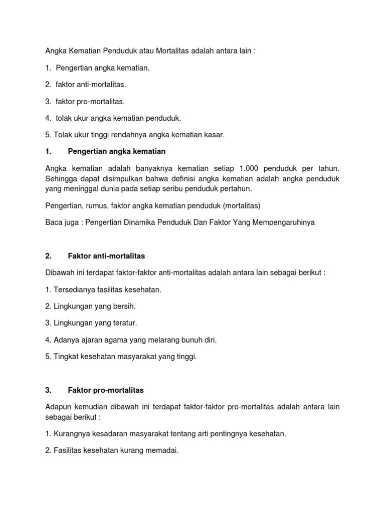 Angka Kematian Penduduk Atau Mortalitas Adalah Antara Lain Docx