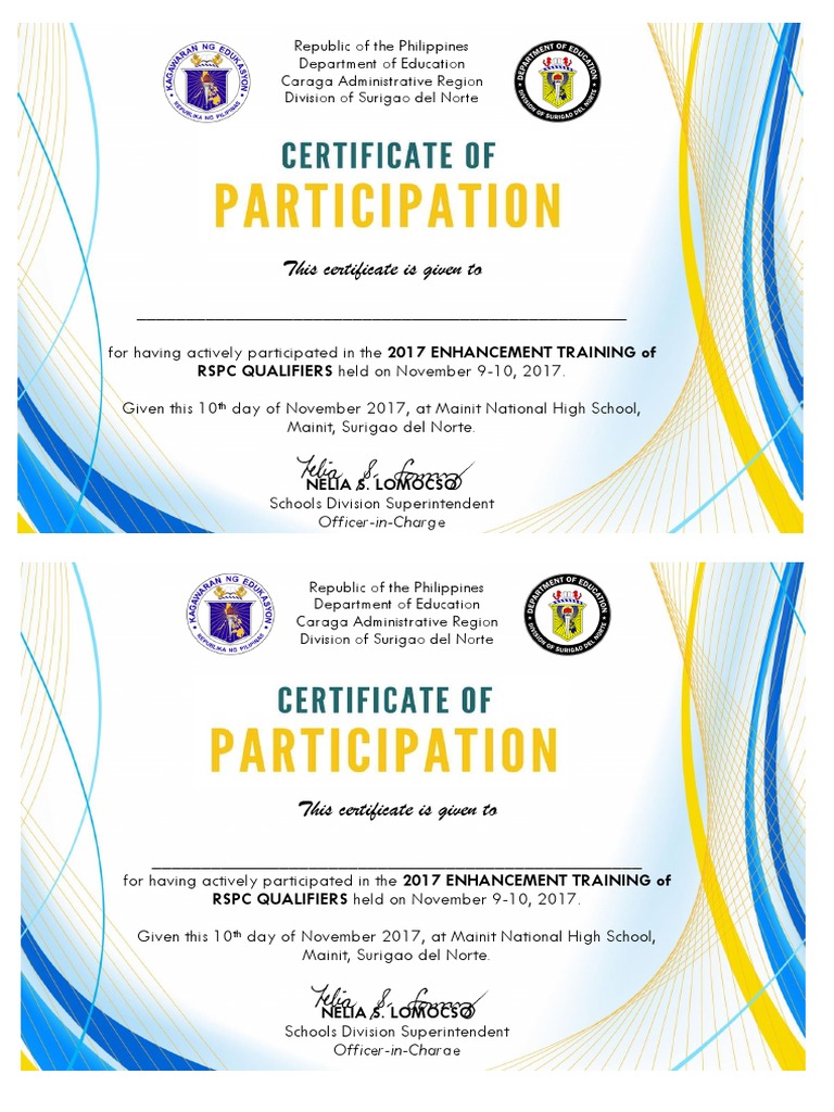 This Certificate Is Given To: RSPC QUALIFIERS Held On November 9-10 ...