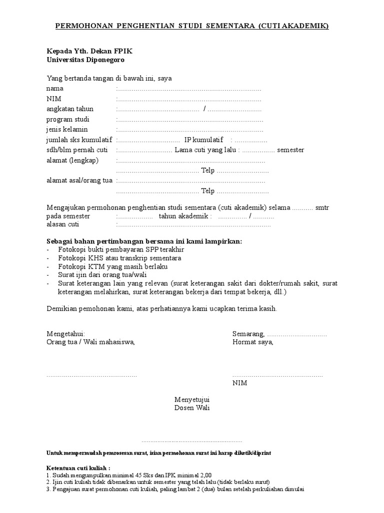 Contoh Surat Permohonan Surat Permohonan Cuti Kuliah Dari Orang Tua