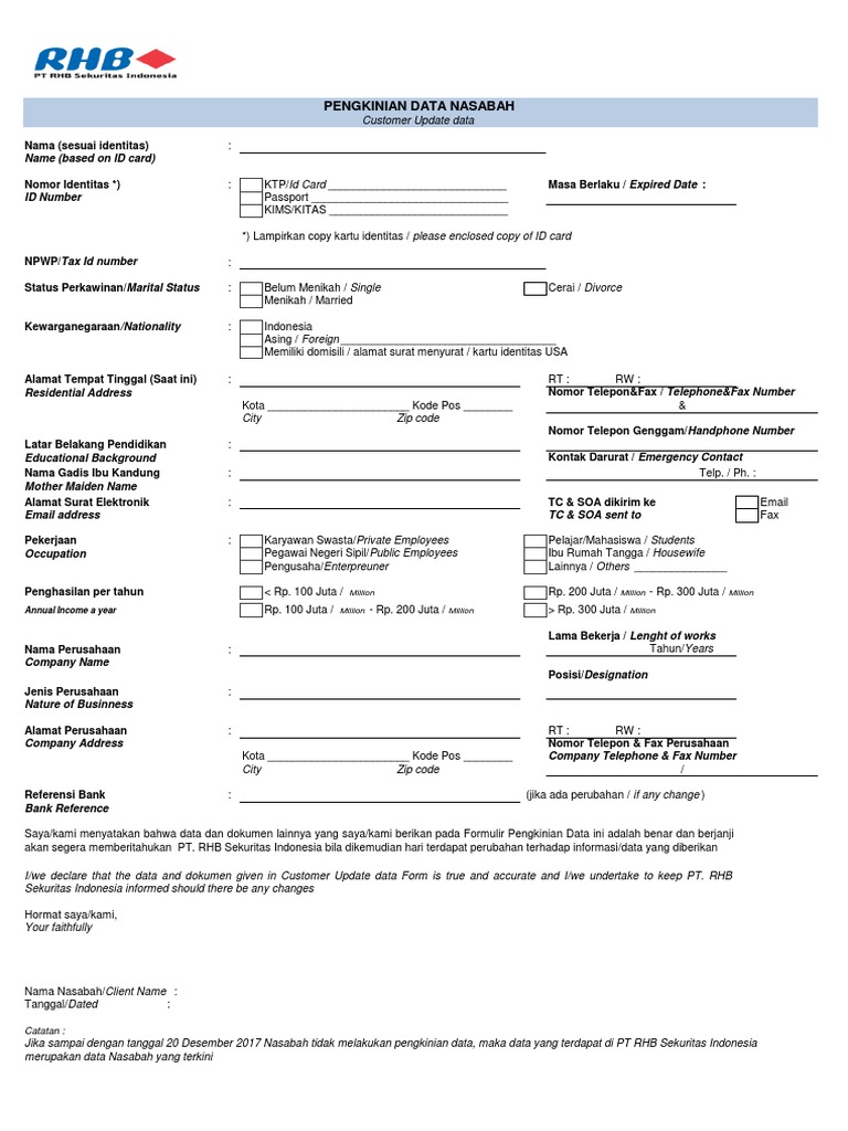 Formulir Pengkinian Data Nasabah 2017 Pdf
