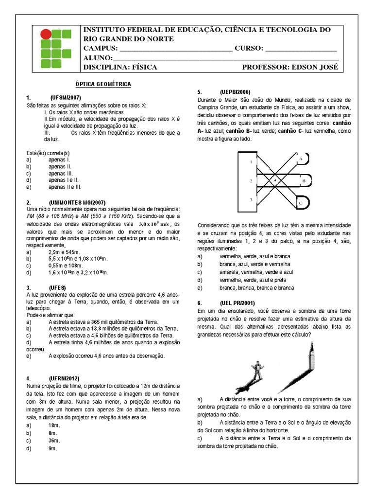 Lista de Exercicios 14 - Optica Geometrica | Espelho | Eclipse
