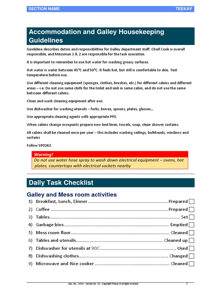 and Galley Housekeeping Guidelines Dishwasher Kitchen