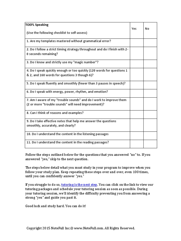 Toefl Speaking Checklist Download Free Pdf Speech Semiotics