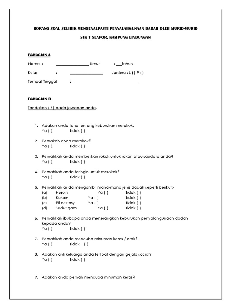 Borang Soal Selidik Dadah 1