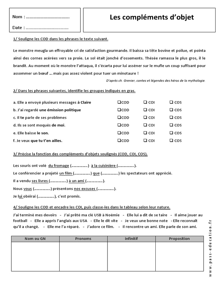 Evaluation Cod Coi Cm2 à Imprimer COD COI COS Compléments Dobjet 5ème Exercices | PDF