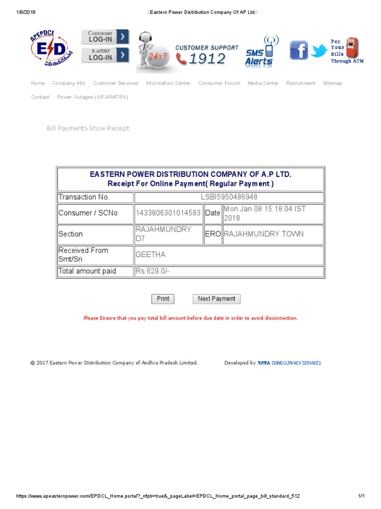 Eastern Power Distribution Company of A.P Ltd. Receipt For Online